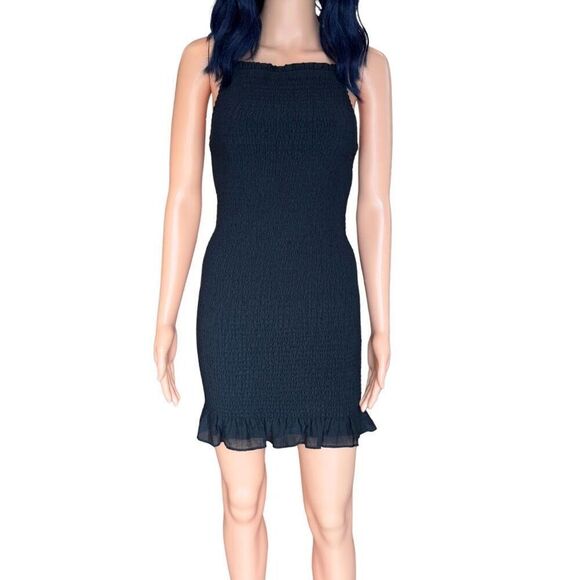 NWT Sage the Label Black Smocked Halter Mini Dress S Bodycon Ruffle Hem Cocktail - Picture 2 of 6